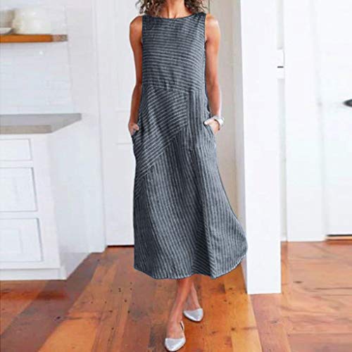 Women Cotton Linen Maxi Dress, Lady Stripe Loose Sleeveless Scoop Neck Flowy Casual Long Beach Dresses with Pockets (Large, Navy) - Thumbnail 2