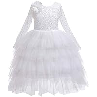 Kokowaii Fancy Girls Lace V Back Flower Dress Tutu Tulle Party Dress Toddler Fancy Dress White