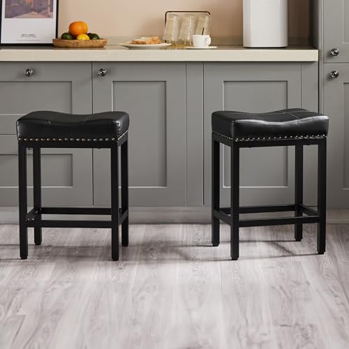 Sweetcrispy Bar Stools Set of 2, 24 Inch Counter Height Stools, PU Leather Upho…