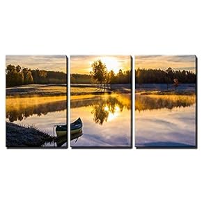 3 Piece Canvas Wall Art - Sunrise Over The Lake with a Boat - Modern Home Art Stretched and Framed Ready to Hang - 16"x24"x3 Panels