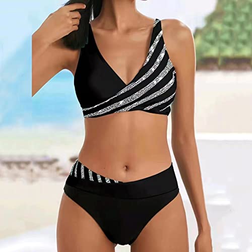 Women Colorblock Stripe Print Bikini Set Crisscross Splicing Two Pieces Swimsuit Summer Beach Bohemian Bathing Suit