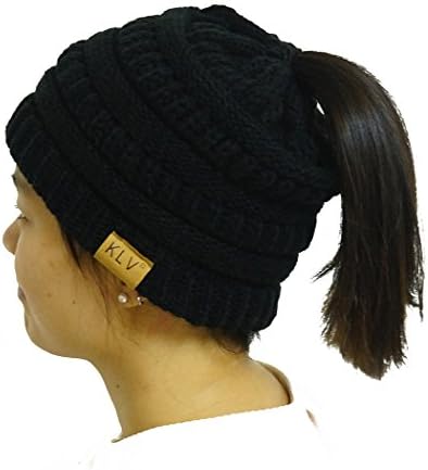 KLV CO Womens Messy Bun Beanie - Beanie Tail Soft Stretch Cable Knit Messy High Bun Ponytail Beanie Winter Hat (Black)