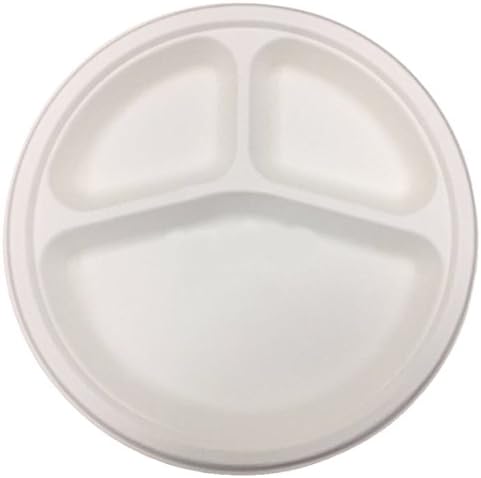 Premium Quality Biodegrable Compostable Sugarcane Bagasse Round 3 Compartments Plate (50 Pcs, 10 inch) | Eco-Friendly Party Plates | Bio Disposable Crockery