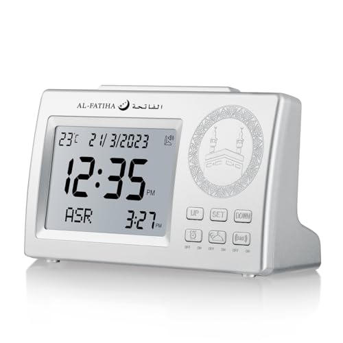 ACHAS Athan Table Clock, Azan Clock Prayer Alarm Table Clock,ساعة الأذان Prayer Digital Alarm Clock with Worldwide Times and Backligh (Silver)