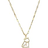 Dainty Heart Cat Pendant Necklace for Women 14K Gold Plated Stainless Steel Fashion Cute Crystal Kitten Animal Charms Link Chain Necklaces Adjustable Birthday Christmas Jewelry Gift Pet-Lover 18"