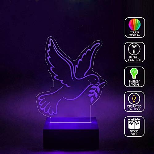 3D Illusion LED Projector Lamp Dove Bird Peace 3 Sticker Home Bedroom Decorative 3D Lamp RGB Full Color 44 Key Remote Control USB Cable Lamp Best Gift Desk Table Lighting Toys