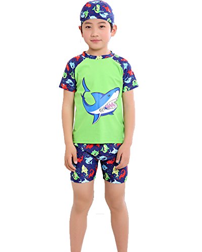 Monvecle Boys' 3-Pieces Short Sleeve Sun Protective Rashgurad Set with Swim Cap UPF 50+ Green 7-8y
