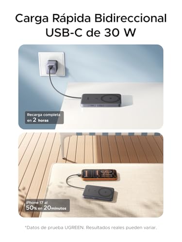 UGREEN MagFlow Air Qi2 15W 10000mAh Power Bank Ultra Delgada Batería Portátil con MagSafe, PD 30W Cable USB-C Integrado, Carga Inalámbrica Magnética Compatible con iPhone 17/16/15/14 Series Negro