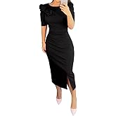 Women's Bodycon Midi Dress Ruched Puff Sleeve Cocktail Pencil Dress Casual Slit Party Work Dresses