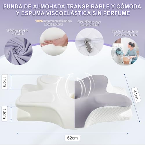 JeeLeeko Almohada Cervical de Espuma viscoelástica Almohada ortopédica ergonómica 2 en 1 Que Alivia el Dolor de Cuello y Brinda Soporte Contorneado para Personas Que Duermen de Lado