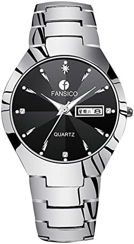 New Fashion Tungsten Steel Couple Quartz Pointer Watches Wristwatches for Lovers + Gift Box (Black-Men)