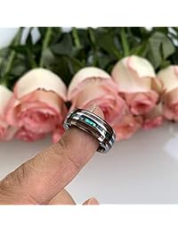 iTungsten 8mm Silver Black Tungsten Rings for Men Women Wedding Bands Abalone Shell and Koa Wood Inlay Domed Polished Shiny Comfort Fit