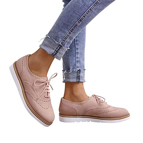 Susanny Women's Wigtips Oxfords Platform Lace Up Brogues Slip on Perforated Spring Shoes Pink 9 B (M) US - Thumbnail 6
