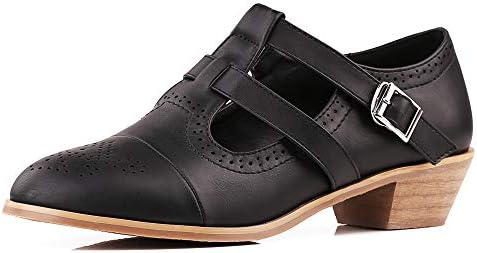 Women's PU Leather Oxford Heels Lace-up Brogue Wingtip Perforated Cut Out Buckle Belt Breathable Vintage Chunky Low Dress Pumps Shoes