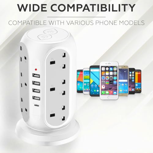 AMROAH 4000W 2m Cord Extension Tower Strip 12 Outlets 4 USB A 1 Type C 2 Switch, Surge Protector Multi Extension Tower Lead Multiplug Socket, Extension Cord with Multiple Plug for Home Office (White)