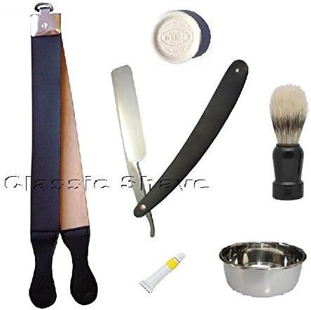 Tan Double Strop Straight Razor Paste Stone Soap Brush Shaving Set 6 Pcs by Haryali Fashion London