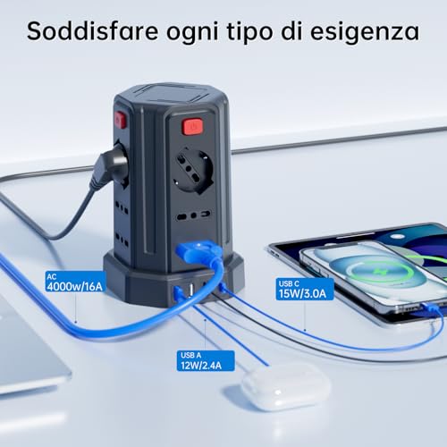 5 Metre Power Strip with 12 Universal Sockets 10/16A ITA and Schuko and 3 USB A+1 USB C Overvoltage Protection with 4 Independent Switches, Black