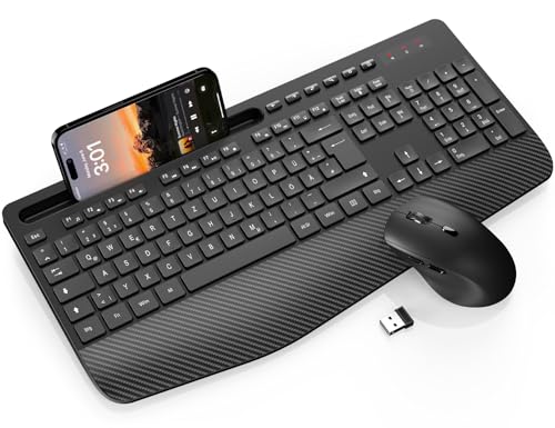 SABLUTE Tastatur Maus Set Kabellos, Handgelenkauflage, Telefonhalter-Black