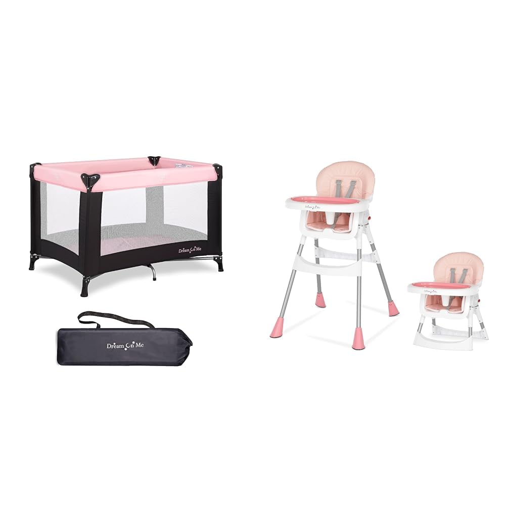 Cellucor Dream On Me Nest Portable Play Yard with Carry Bag and Shoulder Strap, Pink & Dream On Me Portable 2-in-1 Tabletalk High Chair, Convertible Compact Light Weight Highchair, Pink Image
