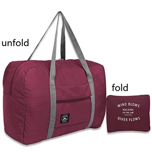 Wandf Foldable Travel Duffel Bag Luggage Sports Gym Water Resistant Nylon Travel Foldable Duffel Bag for Women Men (Wine)