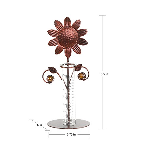 CEDAR HOME Rain Gauge Outdoor Garden Wireless Glass Brass Metal Tabletop Cute Professional Raingauge for Lawn Yard Patio Decor 8oz. by, 7" W x 6" D x 16" H, Copper Sunflower