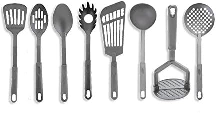 LeRose Classic 8 Piece Cooking Utensils Tools Set ~ Black Nylon ~ Heat Resistant ~ Spoons, Masher, Pasta Fork, Skimmer, Ladle, Spatulas