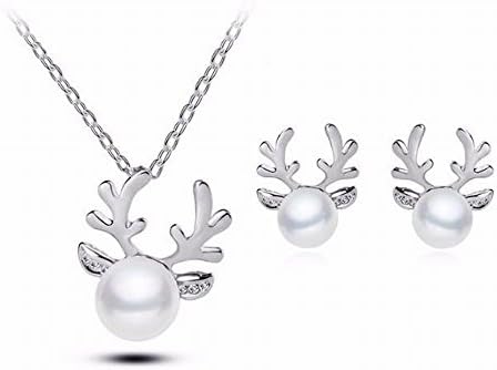 Reindeer Antlers Simulated Diamond and Pearl Necklace and Earrings Set Quality Women Jewelry Christmas Gift (925 sterling silver-filled)