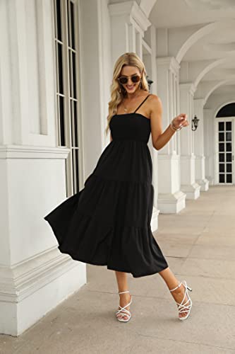 Women\'s Summer Maxi Dress Casual Bohemian Floral Flowy Smocked Sundress Tiered Swing A Line Tiered Cocktail Sleeveless Black