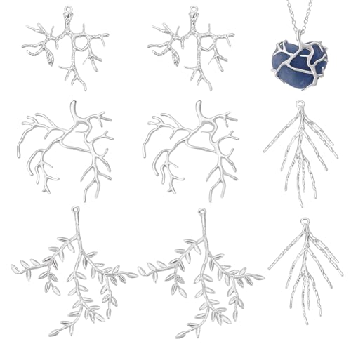 PH PandaHall 8pcs 4 Styles Branch Shape Blanks, Brass Pendant Trays Bezel Metal Claw Cage Pendant Frames Pendants Holder for Irregular Gemstone Cabochons Rhinestones DIY Jewelry Making, Silver