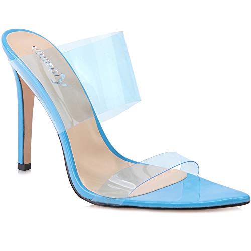 vivianly Womens Sexy Clear High Heels Transparent Strap Pointed Toe Mules Sandals Stiletto Heel Slip on Dress Shoes Blue - Thumbnail 2