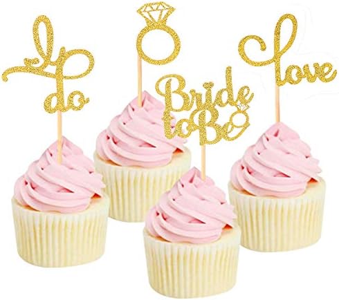 Bridal Shower Cupcake Topper, Sparkling Glitter Gold Bride to Be, Diamond Ring, Love I Do Cupcake Toppers for Engagement Wedding Bachelorette Party Bridal Shower (24 Pcs )