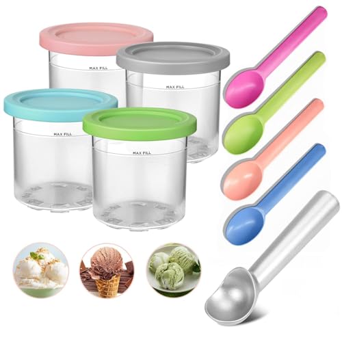 Pacote com 4 Pote para Ninja Creami, Compatível Apenas com Maquina de Sorvete Ninja NC299AMZ e NC300s Series, com 4 Colheres Coloridas e 1 Colher de Sorvete, Livre de BPA e Lavável na Lava-louças