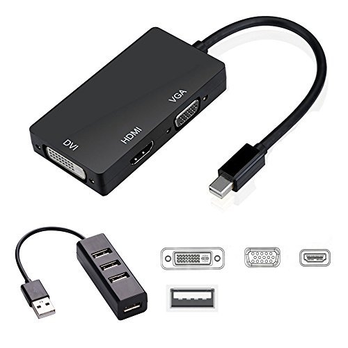 Zodiac Mini DisplayPort Thunderbolt 2 to HDMI/DVI/VGA Male to Female Adapter Convertor and 4 x USB 2.0 Hub Combo for Macbook,Microsoft Surface Pro 2 Pro 3 Pro 4 and Book, Lenovo x1 (Black)