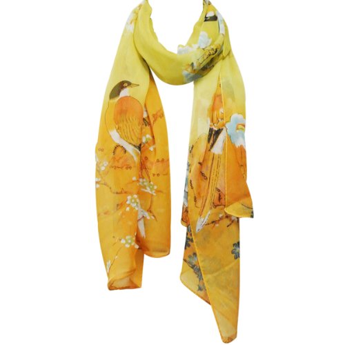 Wrapables Floral Bird Print Polyester and Silk Oblong Scarf, Sunglow