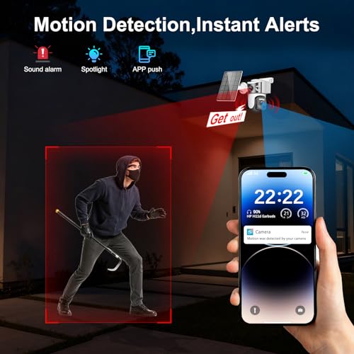 4K Dual Lens Solar Security Cameras Wireless Outdoor, 2.4G WiFi Camera Eurveillance Exterieur, 360° PTZ Solar Powered Security Camera with Color Night Vision, PIR Sensor, Spotlight Siren, 2-Way Audio