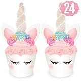 xo, Fetti Unicorn Cupcake Toppers + Wrappers - Set of 24 | Birthday Party Supplies, Unicorn Horn Cake Decoration + Baby Shower