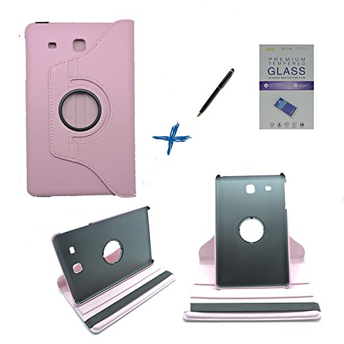 Kit Capa para Galaxy Tab E 9.6 T560/T561 Giratória 360 + Película de Vidro + Caneta Touch (Rosa)