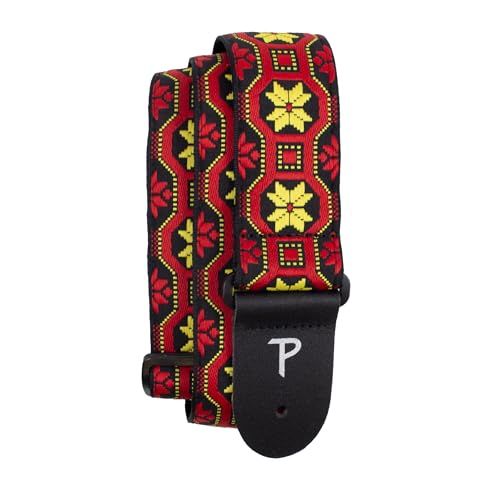 Perri's Leathers Ltd. – Correa de guitarra Jacquard – Longitud ajustable – Para guitarras eléctricas, acústicas y bajos – Floral amarillo y rojo – Hecha en Canadá