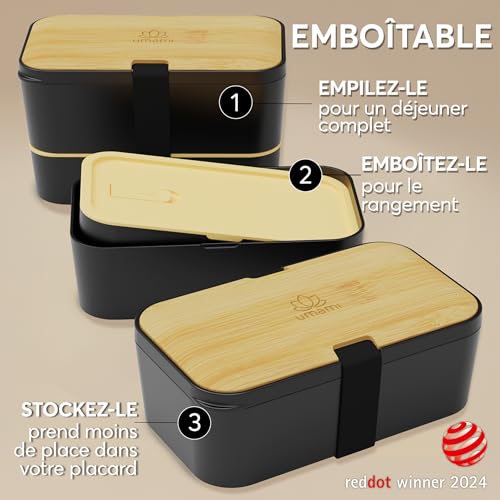 Umami Bento Lunch Box, Cutlery & 2 Sauce Pots Included, Built-in Lunch Box, Microwavable Lunchbox Adult Lunch Box, Bento Box Black Onyx & Beige, 1500 ml