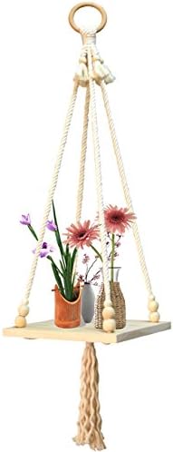 Macrame Plant Hangers Shelf with Decorative Beads Indoor Flower Display Wall Hanging Planter Shelf Swing Rope Floating Shelves Home Garden or Office Decor, Wooden Planter Stand - 42 Inches