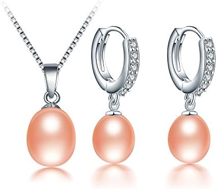 Freshwater Cultured Genuine Pearls Jewelry Set with Necklace & Hoop Earrings with AAA Zircon by DIAMOVI - Top Quality 925 Sterling Silver - Stunning Wedding Bridal Jewelry - Pink Color
