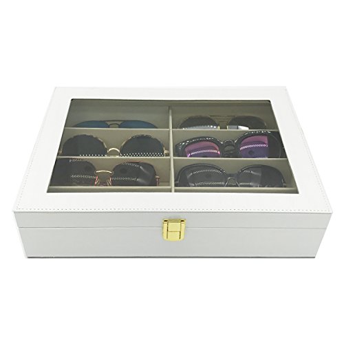 UnionPlus 8-Slot Eyeglass Sunglass Glasses Organizer Collector - Crocodile Faux Leather Storage Case Box (White Croco)