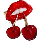 Lady Red Lip Cherry Brooch for Women Girls Gold Plated Fashion Lips of the Devil Halloween Brooches Lapel Pins Dainty Holiday Party Costume Dress Accessories Jewelry