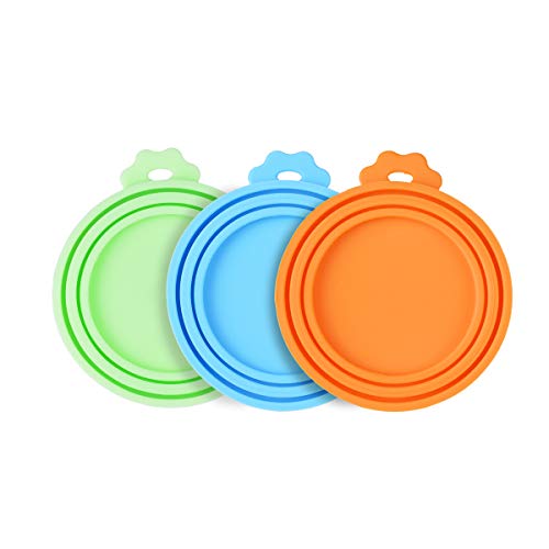 PetBonus 3-Pack Silicone Pet Can Covers, Dog Cat Food Can lids, Fit Multiple Sizes - BPA Free Dishwasher Safe - A Long Handle Special Curved Design Can Food Spoon