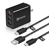 KEAIO Micro USB Cable 6FT with Adaptive Fast Charger, Braided Android Charger Cable 2-Pack + Quick Charge 3.0 Wall Charger Compatible with Samsung Galaxy S7/S6 Edge/J7, Note 5, Tablet, LG, Moto, PS4