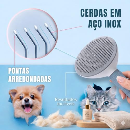 Escova Pet Removedora de Pelos para Cães e Gatos Autolimpante com Cerdas Flexíveis Resistentes e Cabo Anatômico (Cinza)