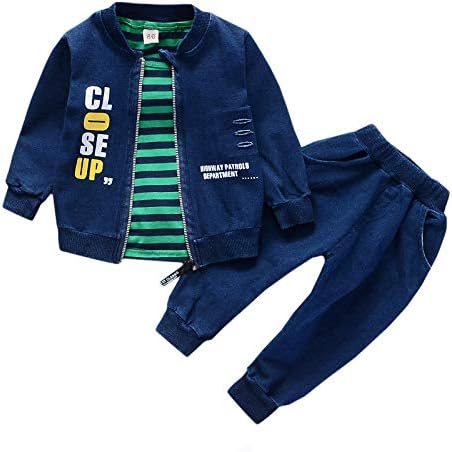 Mummamia Boys Smart Printed Denim Jacket & Pants Set with Striped T-Shirt - Green