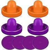 Air Hockey Pushers and Purple Air Hockey Pucks, Goal Handles Paddles Replacement Accessories for Game Tables (4 Striker, 4 Puck Pack) (Orange & Purple)