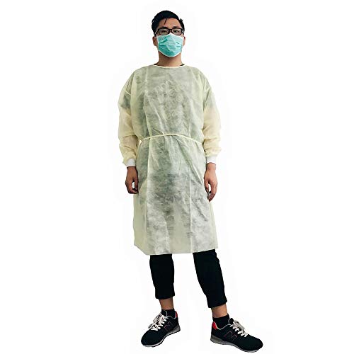 LyncMed Disposable Isolation Gown, Fluid-Resistant, Knit cuffs, Yellow, Large (Pack of 10)