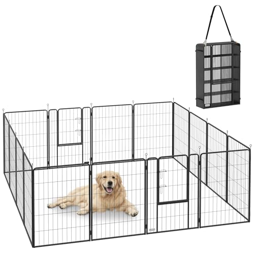 PawHut 16 Panels Dog Playpen, 27" W x 39.5" H Portable Heavy Duty Pet Fence with Door & Strap for Indoor Outdoor Backyard Garden, Foldable Puppy Pet Pen for Large Dogs